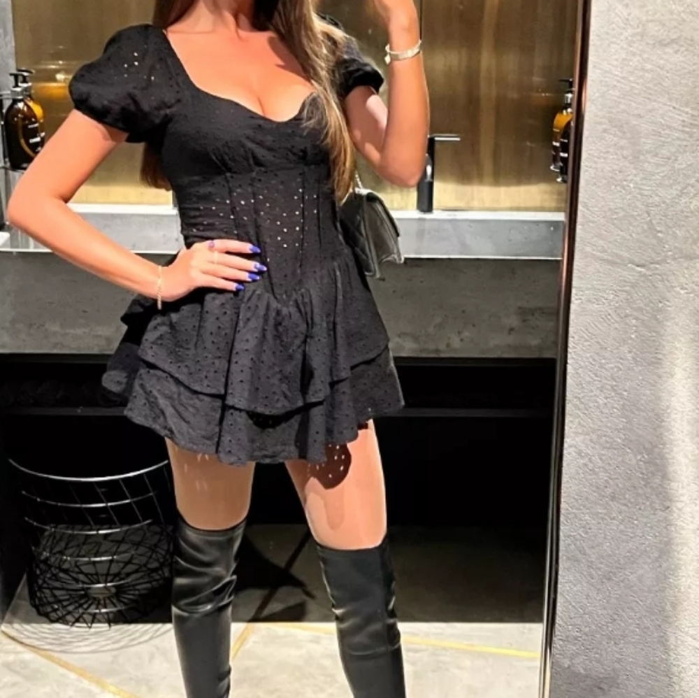 Cute black puff sleeve ruffle romper